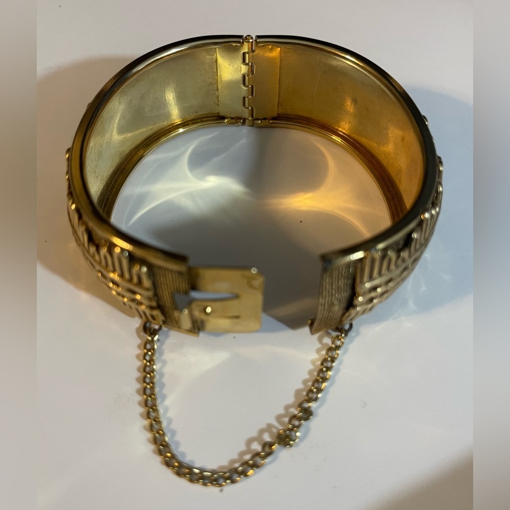 Hinged Gold Tone Bangle Bracelet with Raised Design - Picture 3 of 4